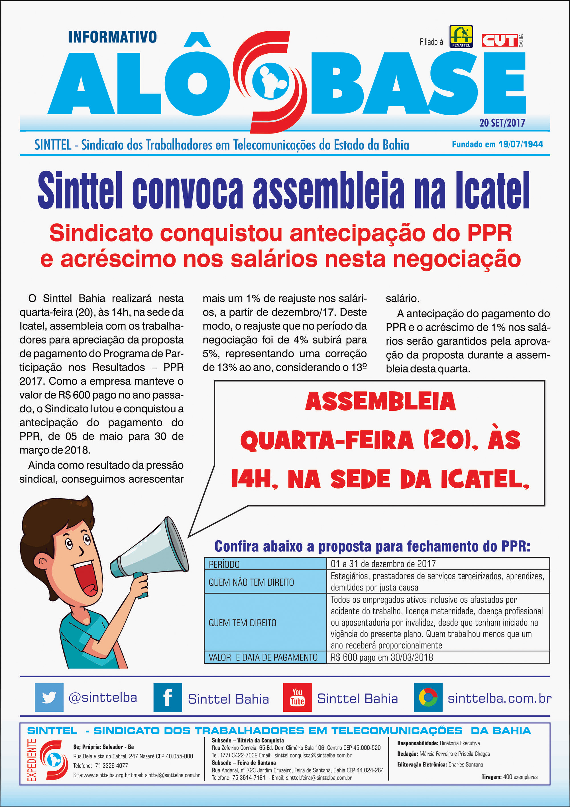 Sinttel convoca assembleia na Icatel